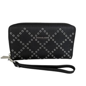 Michael Kors Grommeted Black Leather Smartphone Wristlet Zip Around Wallet